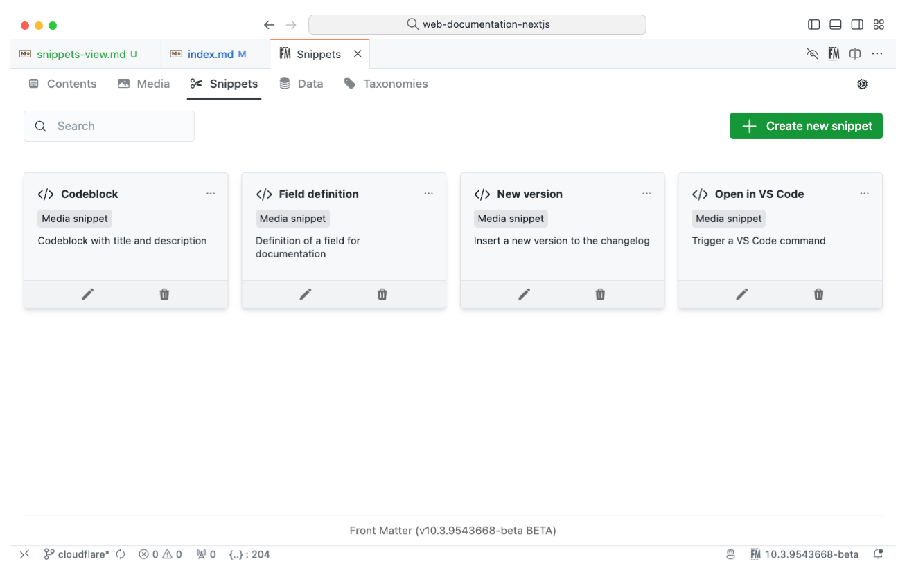 Snippet dashboard
